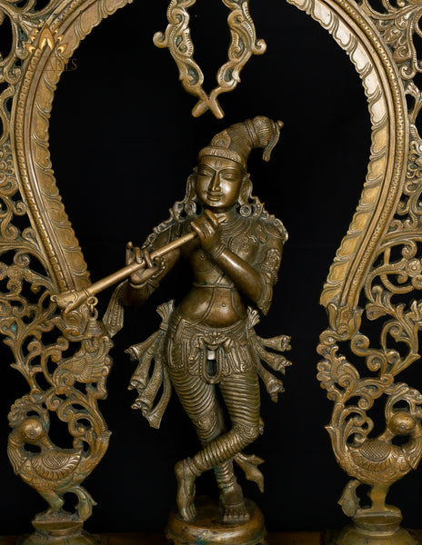 Bronze Sri Krishna Standing on a Cow Engraved Base with a Peacock Arch 44" - Lost-Wax Method Sculpture