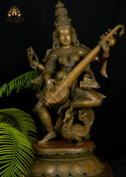 Bronze Dancing Goddess Saraswathi 37" - Lost-Wax Method Sculpture