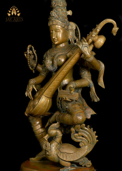 Bronze Dancing Goddess Saraswathi 37" - Lost-Wax Method Sculpture