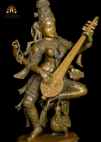 Bronze Dancing Goddess Saraswathi 37" - Lost-Wax Method Sculpture