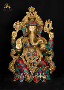 Shri Kamalasana Ganesh 21" - Brass Statue with Floral Inlay Design