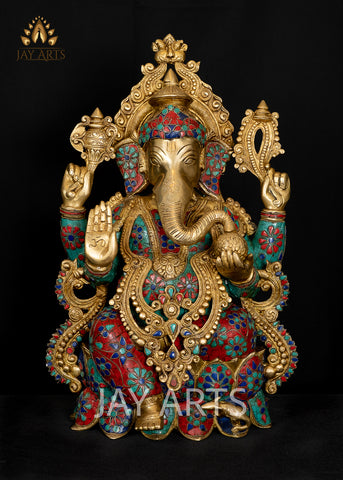 Shri Kamalasana Ganesh 21" - Brass Statue with Floral Inlay Design