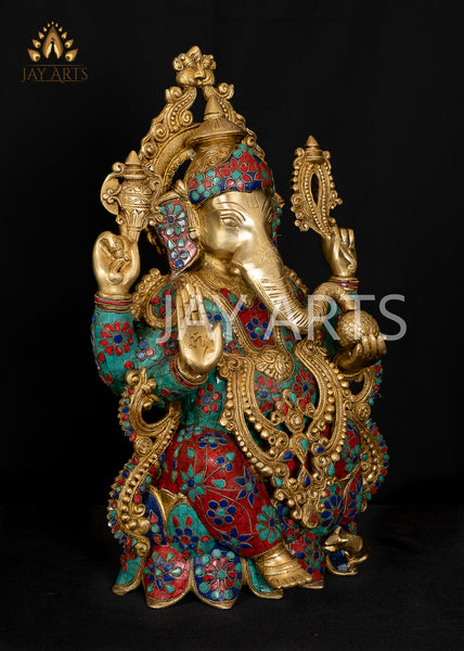Shri Kamalasana Ganesh 21" - Brass Statue with Floral Inlay Design