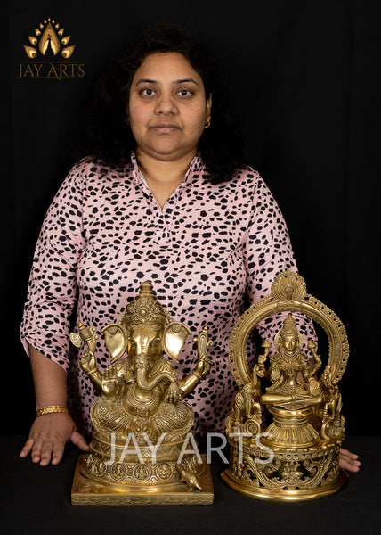 Ashirvadh Ganesh seated on a Pedestal Engraved with Figurines of Baby Ganeshas 13"