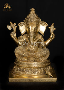 Ashirvadh Ganesh seated on a Pedestal Engraved with Figurines of Baby Ganeshas 13"