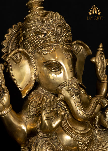 Ashirvadh Ganesh seated on a Pedestal Engraved with Figurines of Baby Ganeshas 13"