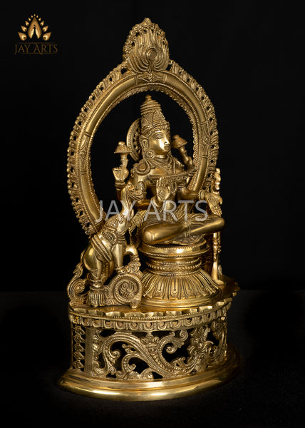 Goddess Lakshmi Seated on a Prabhavali Throne Flanked by Elephants 14" - Brass Statue