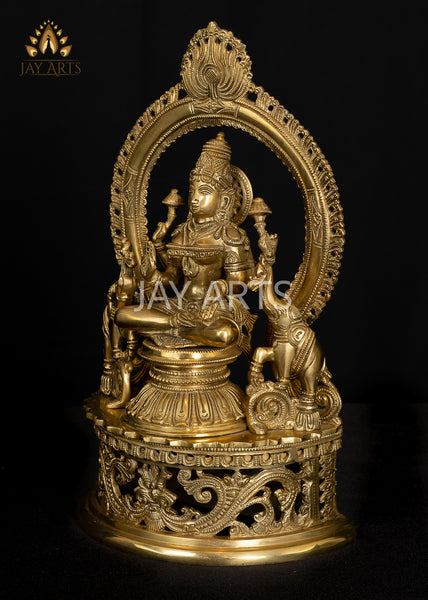Goddess Lakshmi Seated on a Prabhavali Throne Flanked by Elephants 14" - Brass Statue
