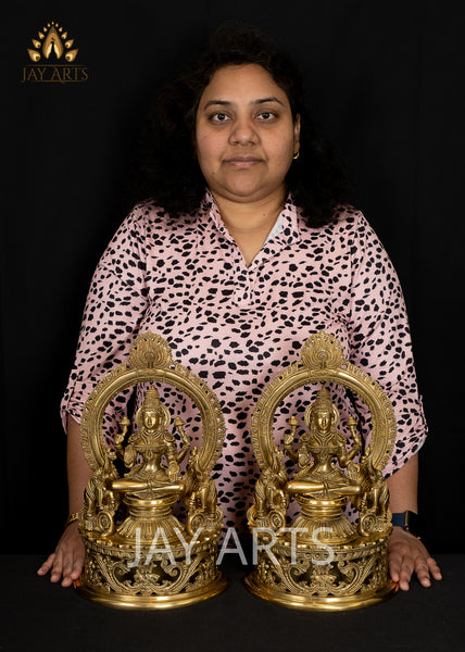 Goddess Lakshmi Seated on a Prabhavali Throne Flanked by Elephants 14" - Brass Statue
