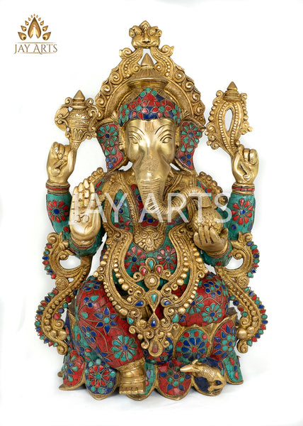 Shri Kamalasana Ganesh 21" - Brass Statue with Floral Inlay Design