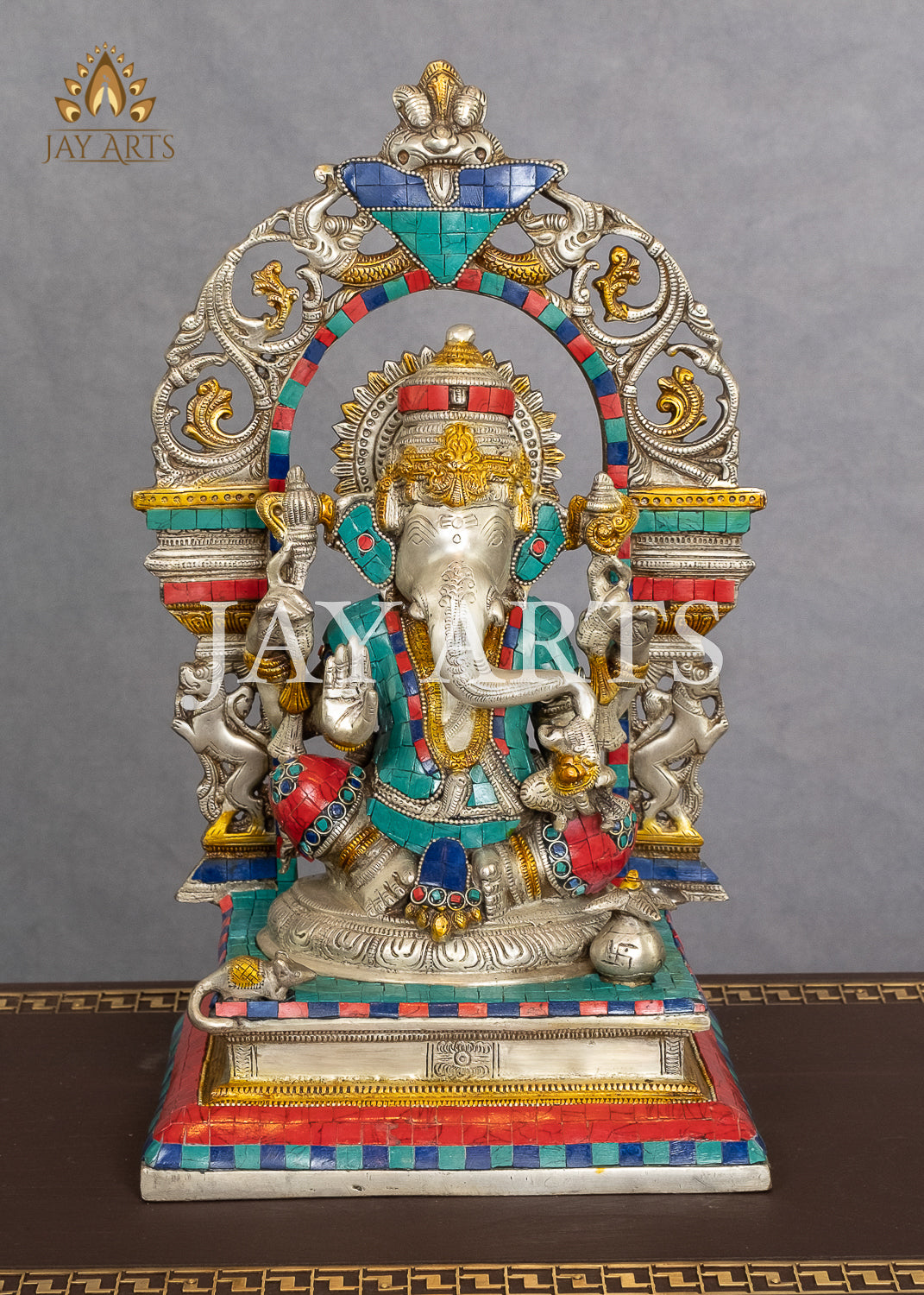 Lord Ganesh sitting on a Kirtimukha Throne 15" Brass Statue