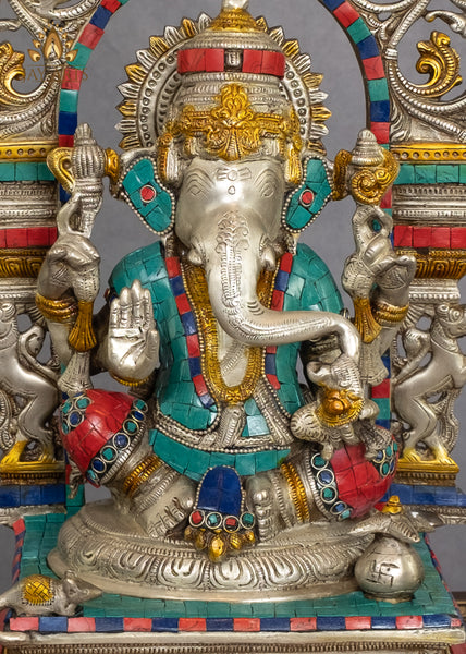 Lord Ganesh sitting on a Kirtimukha Throne 15" Brass Statue