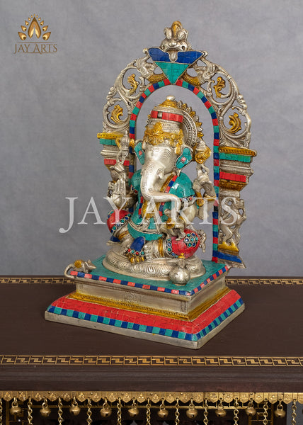 Lord Ganesh sitting on a Kirtimukha Throne 15" Brass Statue