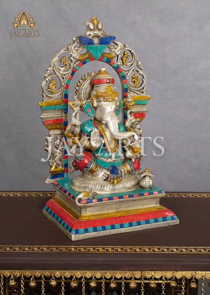 Lord Ganesh sitting on a Kirtimukha Throne 15" Brass Statue