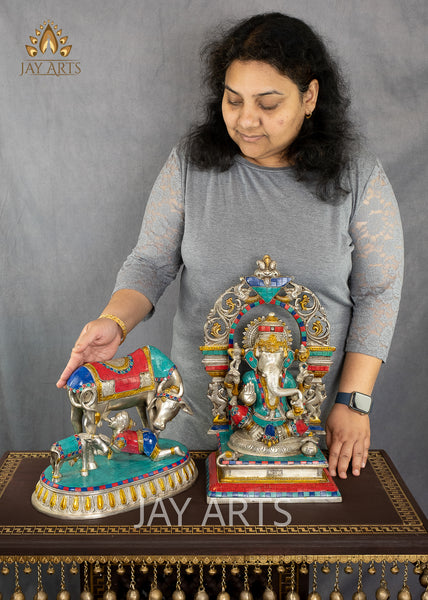 Cow and a Calf with Baby Krishna 10" Brass Statue