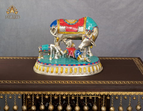 Cow and a Calf with Baby Krishna 10" Brass Statue