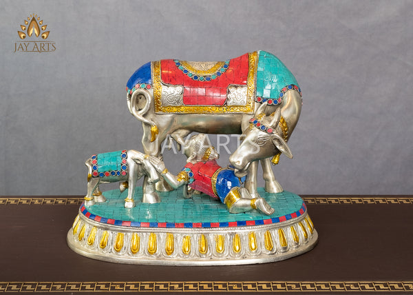 Cow and a Calf with Baby Krishna 10" Brass Statue