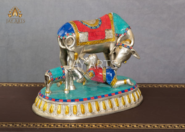 Cow and a Calf with Baby Krishna 10" Brass Statue