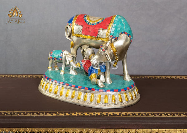 Cow and a Calf with Baby Krishna 10" Brass Statue