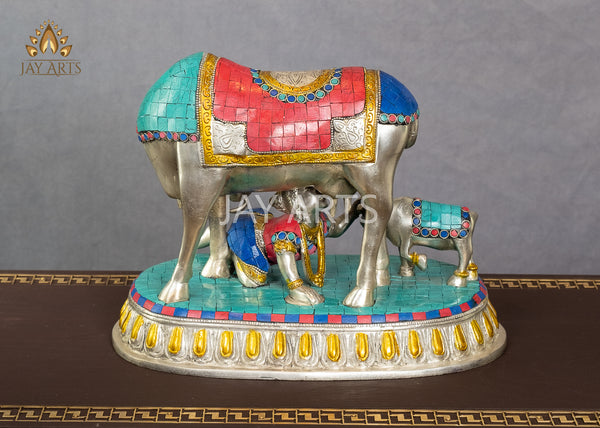 Cow and a Calf with Baby Krishna 10" Brass Statue