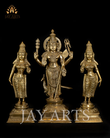 Lord Murugan with His Consorts Deivanai and Valli 19" Brass Statue