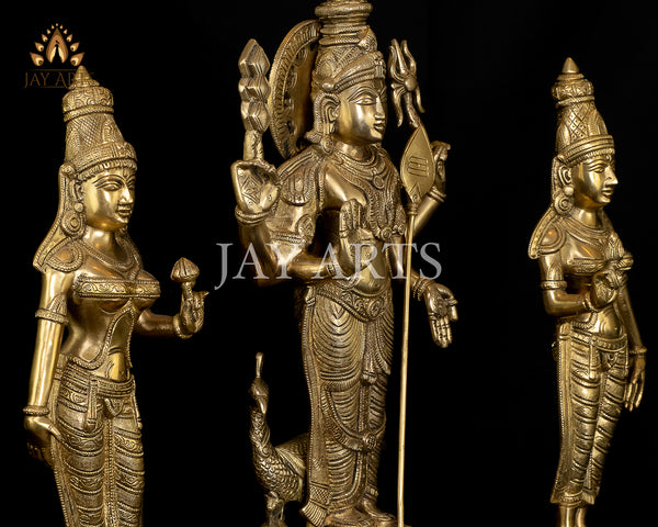 Lord Murugan with His Consorts Deivanai and Valli 19" Brass Statue