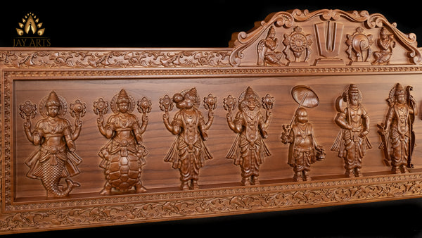 Dasavataram Wood Panel - The Grand Panel of The Ten Incarnations of Lord Vishnu 15"H x 49"W
