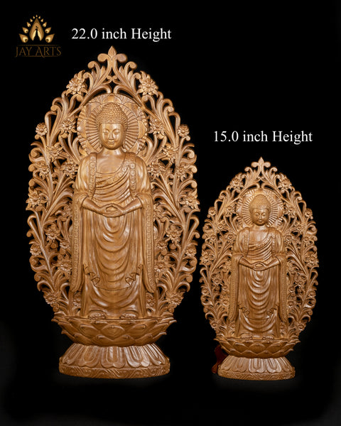 Standing Buddha in a floral frame - Ash wood carving 22" H x 11.5" W