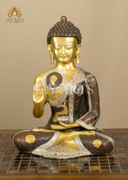 Buddha wearing a robe engraved with auspicious symbols 12" Brass Statue
