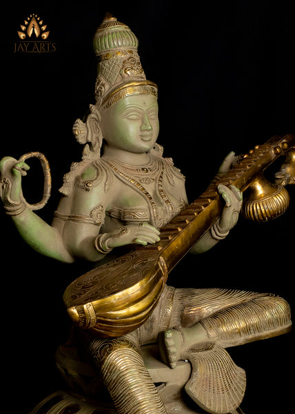 Goddess Saraswathi Devi (Veena Vani) Seated on a Lotus 22" Brass Statue