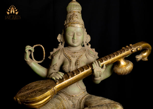 Goddess Saraswathi Devi (Veena Vani) Seated on a Lotus 22" Brass Statue