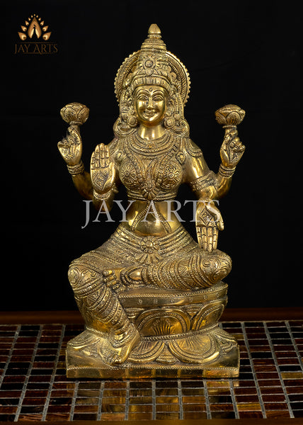 Goddess Lakshmi Seated on a Lotus 12" Brass Statue
