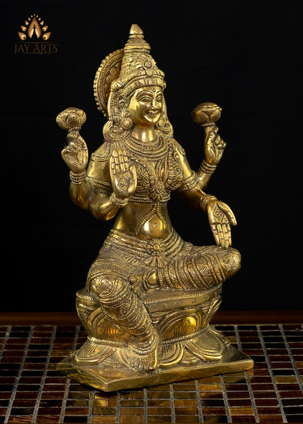 Goddess Lakshmi Seated on a Lotus 12" Brass Statue