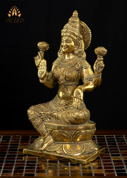 Goddess Lakshmi Seated on a Lotus 12" Brass Statue
