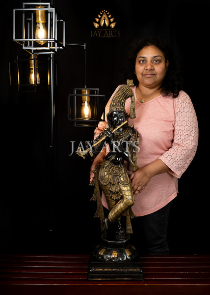 Crowned Mukhilan (Dark complexion similar to rain clouds) 35" Brass Krishna Statue