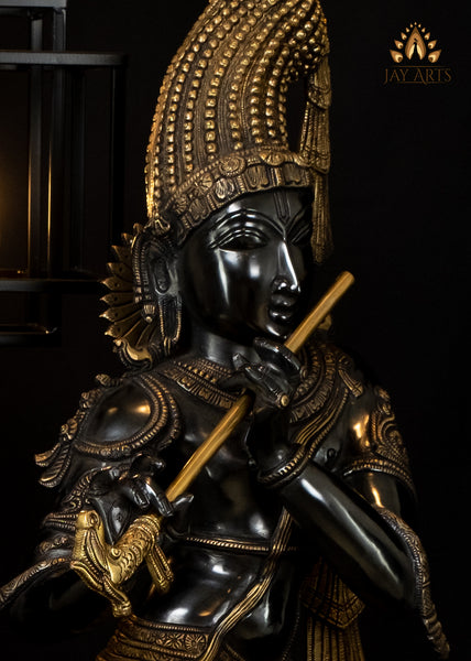 Crowned Mukhilan (Dark complexion similar to rain clouds) 35" Brass Krishna Statue