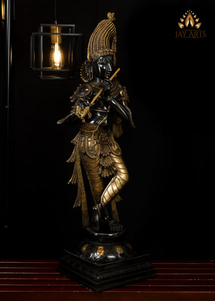 Crowned Mukhilan (Dark complexion similar to rain clouds) 35" Brass Krishna Statue