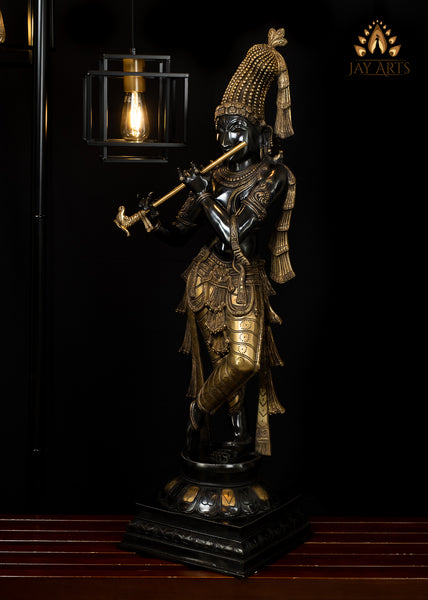 Crowned Mukhilan (Dark complexion similar to rain clouds) 35" Brass Krishna Statue