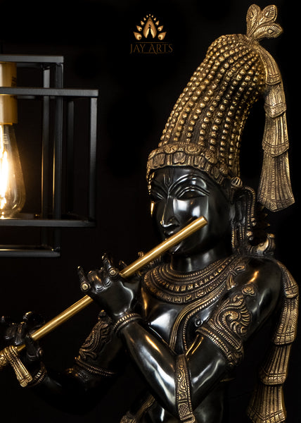 Crowned Mukhilan (Dark complexion similar to rain clouds) 35" Brass Krishna Statue
