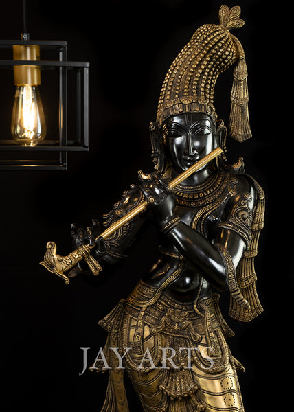 Crowned Mukhilan (Dark complexion similar to rain clouds) 35" Brass Krishna Statue
