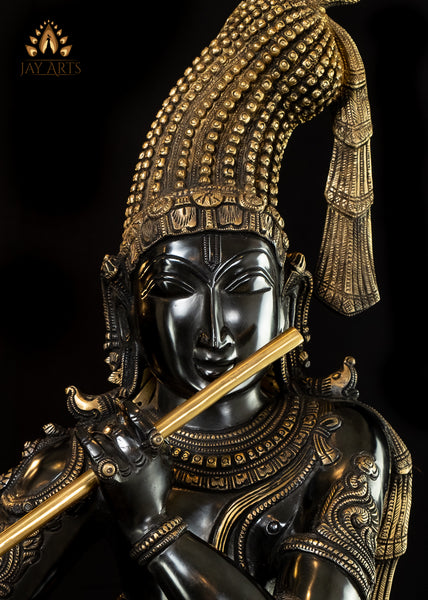 Crowned Mukhilan (Dark complexion similar to rain clouds) 35" Brass Krishna Statue