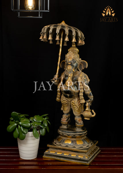 Brass Ganapathi with an Umbrella and Kamandalu 25"