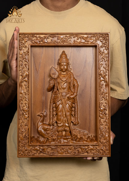 Lord Karthikeya wood carving - Ash wood panel 15" x 11"