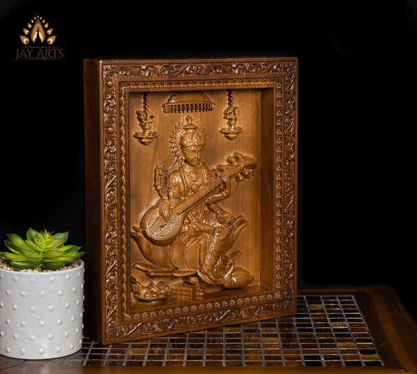 Goddess Saraswathi wood carving - Oak wood panel 13" x 11"