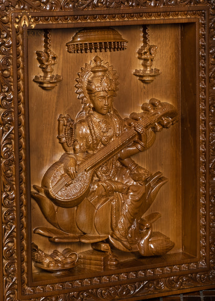 Goddess Saraswathi wood carving - Oak wood panel 13" x 11"