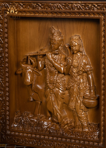 Radha Krishna wood carving - Oak wood panel 13" x 11"