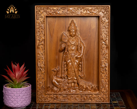 Lord Karthikeya wood carving - Ash wood panel 15" x 11"