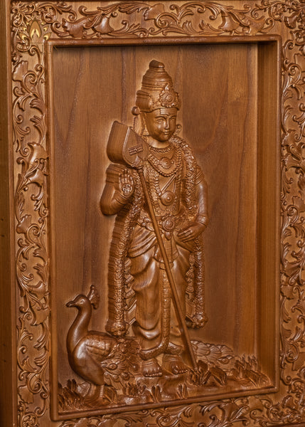 Lord Karthikeya wood carving - Ash wood panel 15" x 11"