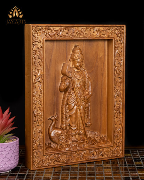 Lord Karthikeya wood carving - Ash wood panel 15" x 11"