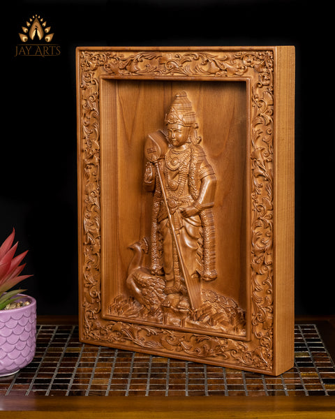 Lord Karthikeya wood carving - Ash wood panel 15" x 11"